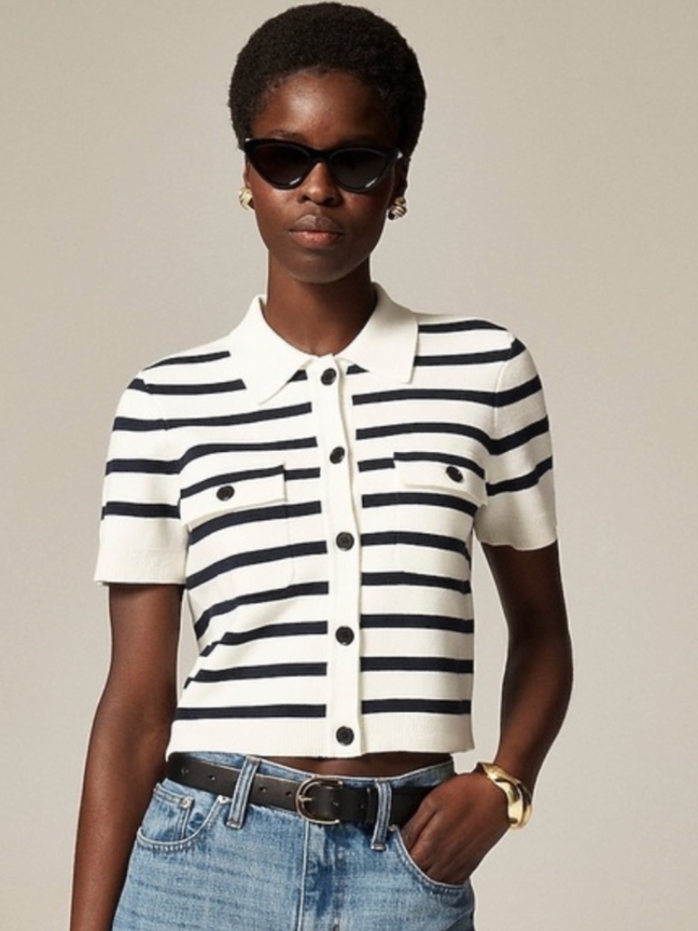 J. Crew Striped Short Sleeve Polo Cardigan, Size Medium